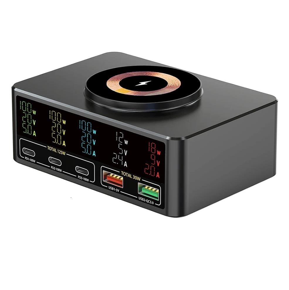 Зарядная станция сетевая Smart Gan WLX-818C PD+QC 140W LCD 3Type-C+2USB Черный