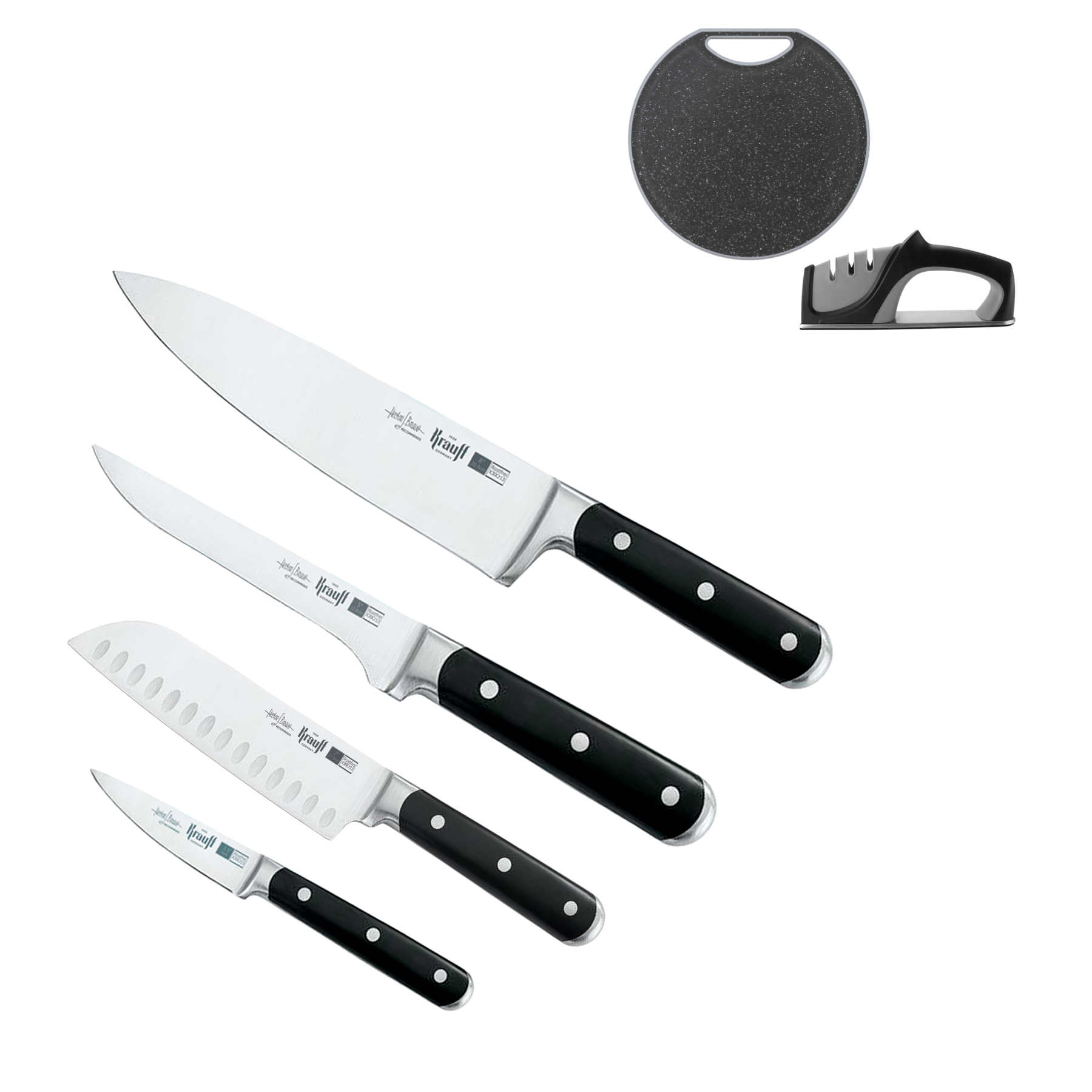 Набор ножей Krauff Prime Chef с кухонной доской и точилом 4 шт. (55-333-632)