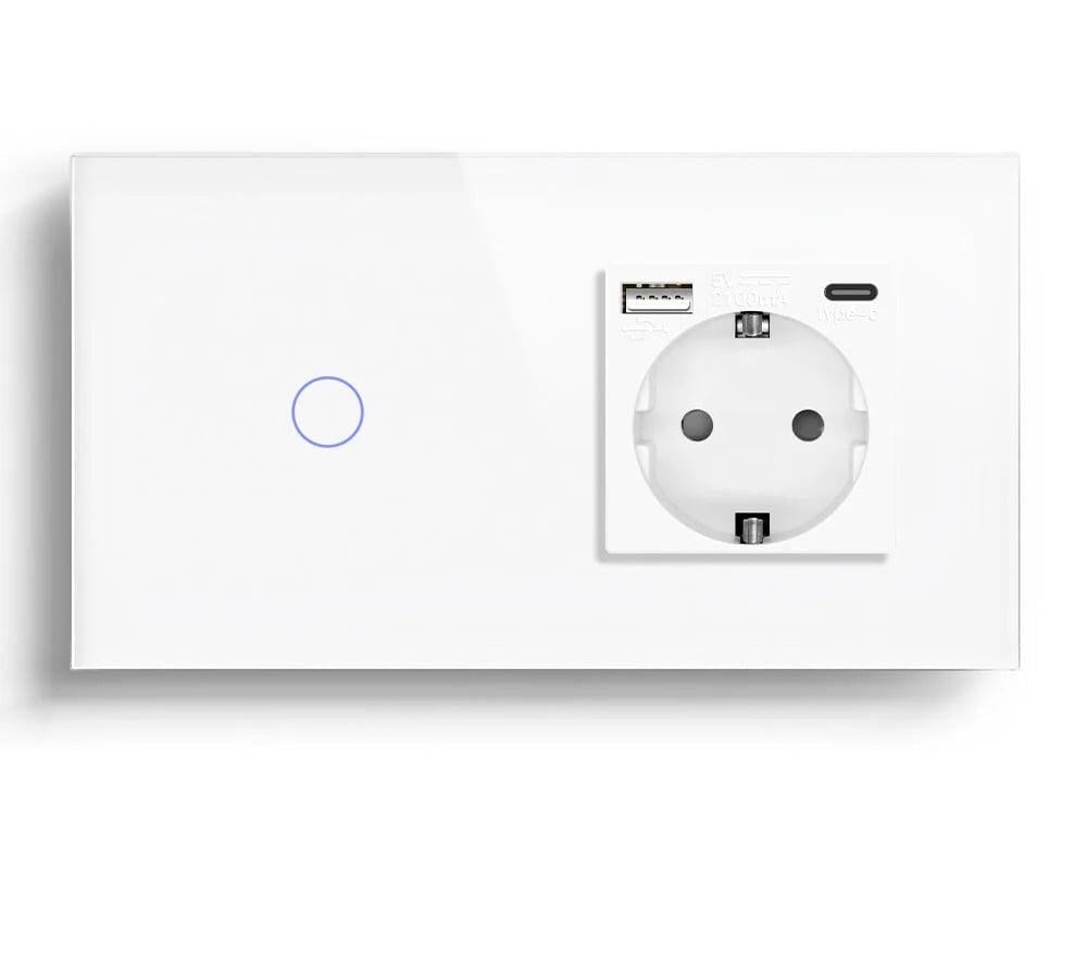 Выключатель проходной LUXION сенсорный с розеткой USB A+C 20Вт с заземлением/шторками стекло Белый