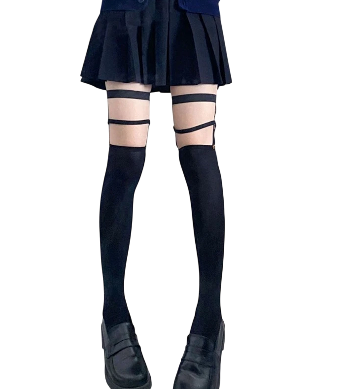 Чулки плотные с резинками-гартерами и заклепками черные One size (K6-143-1551)