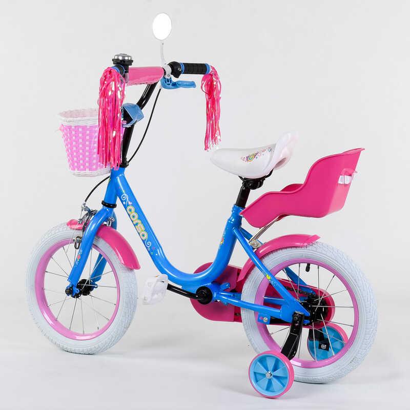 Дитячий велосипед двоколісний Corso для дівчинки 14" ручне гальмо Рожево-блакитний (78182)