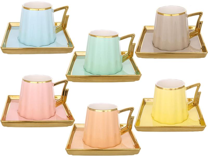 Набор чайно-кофейный на 6 персон 200 мл с золотой каймой Разноцветный
