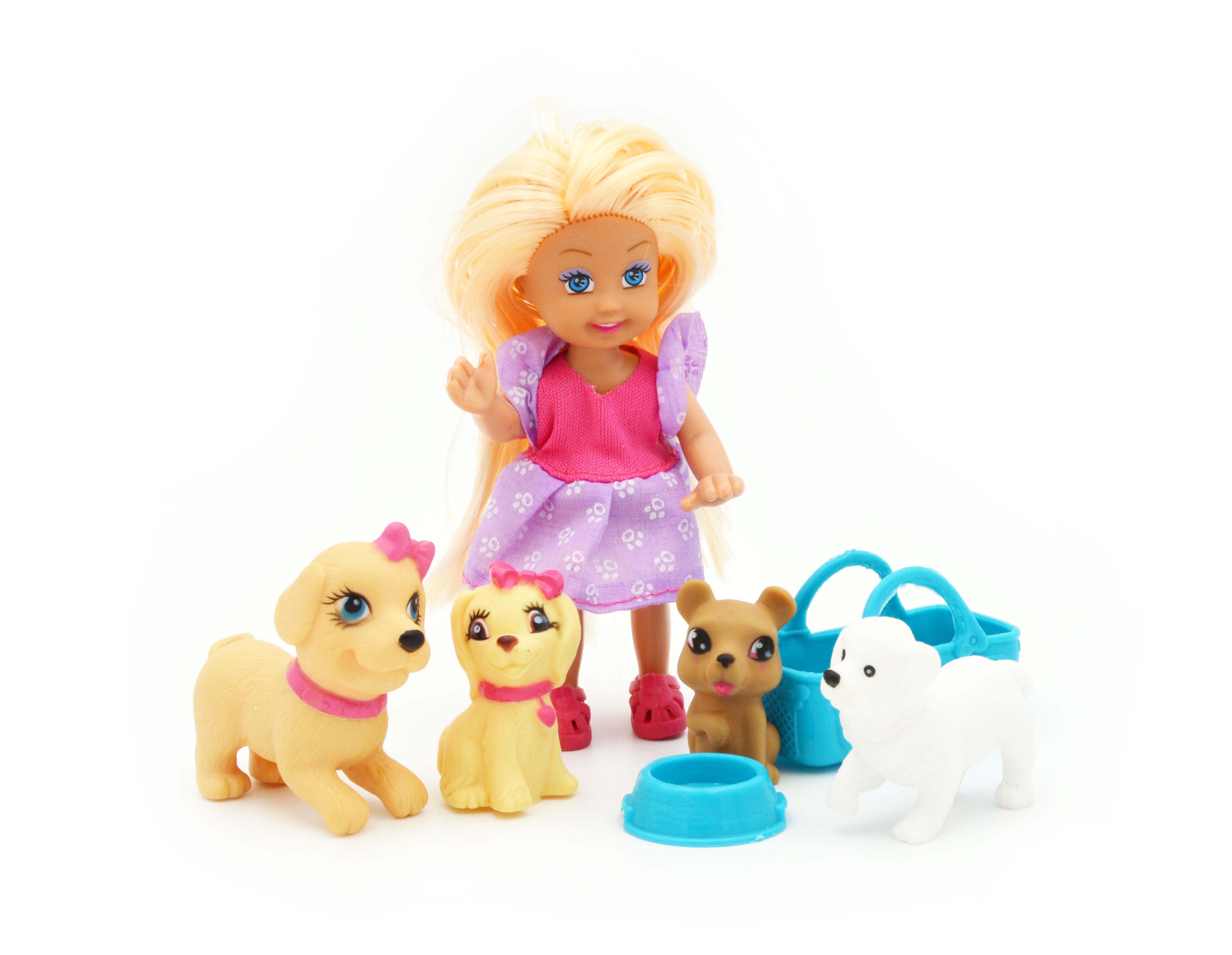 Кукла 899-32 с четымя собачками/сумкой/миской