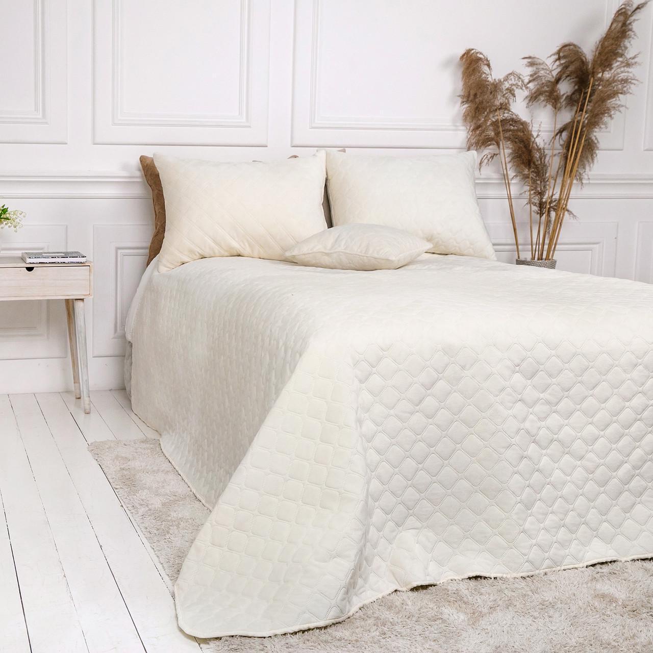 Покривало велюрове м'яке Ромб/круглий євро максі 240х260 см Молочний