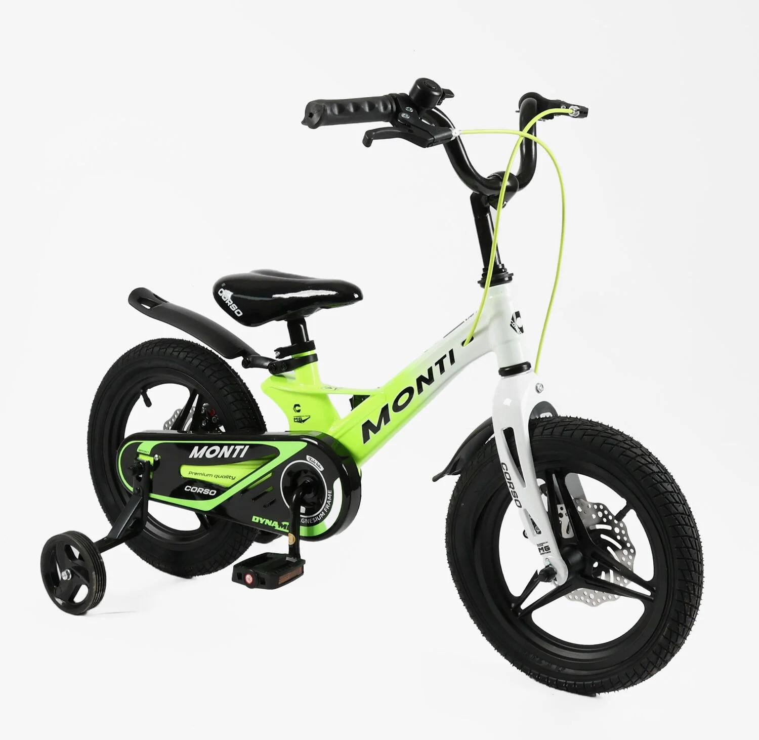 Детский велосипед Corso Monti двухколесный 14" с дополнительными колесами Салатово-белый (MT-14326)