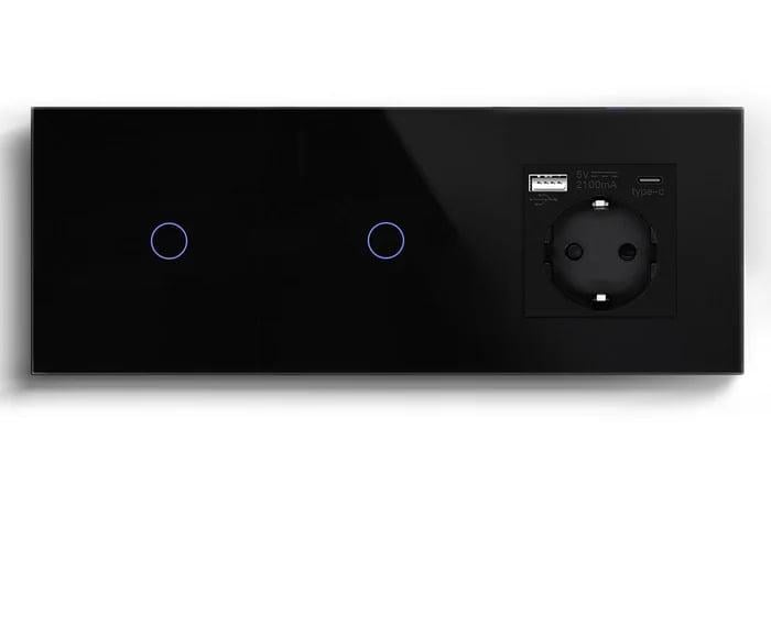 Выключатель умный LUXION сенсорный 2 сенсора 1-1 с розеткой USB A+C 20Вт с заземлением/шторками стекло Черный
