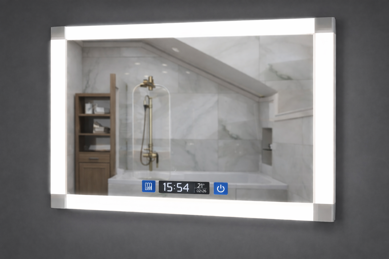 Зеркало для ванной LED ML-28 60х80 см с подсветкой Smart-дисплеем часы температура и подогревом антизапотевания