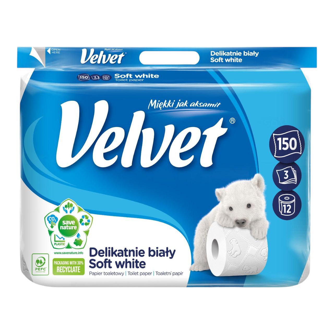 Туалетная бумага Velvet Soft White 3-слойная 150 отрывов 12 шт.