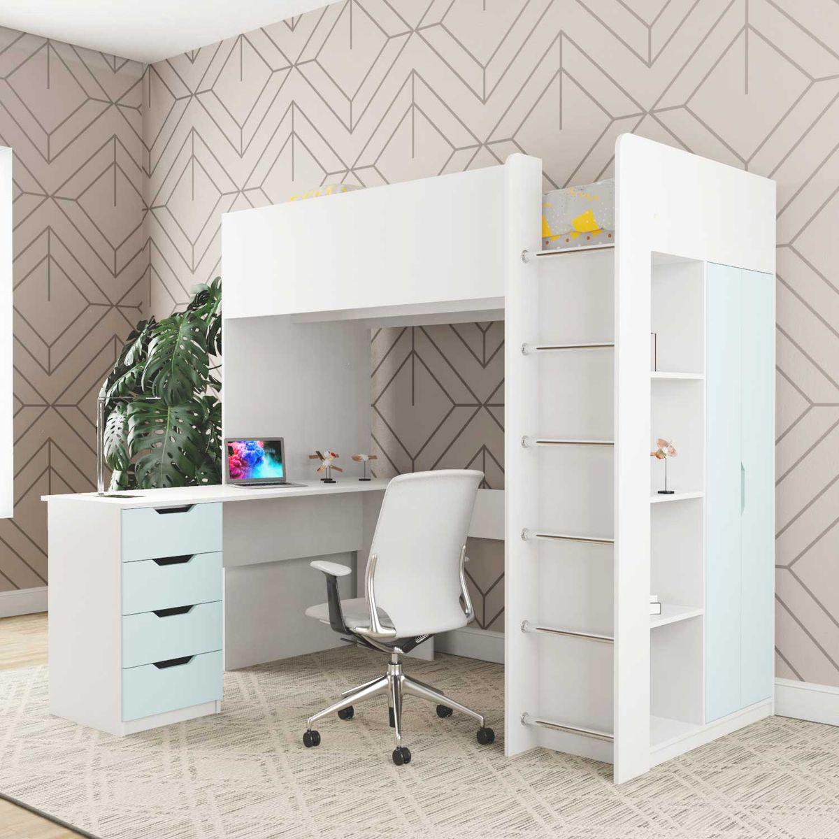 Кровать-чердак детский AiH Binky ДЮС33 со столом/шкафом и ящиками 80х190 см Белый бриллиант/Голубая лагуна (BK03010021000)