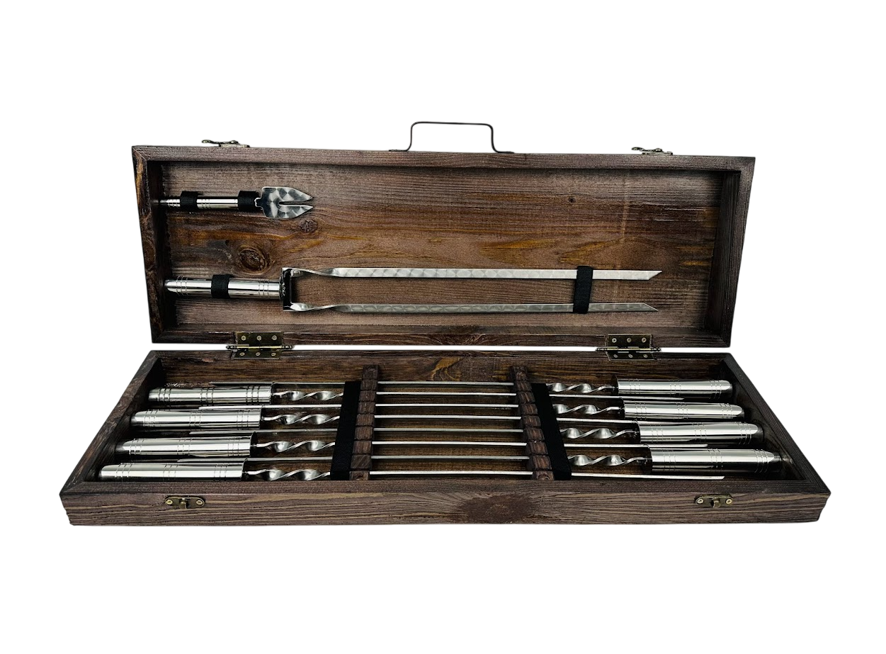 Набор шампуров ручной работы Серебро с аксессуарами 10 предметов в кейсе 74х24х10 см Коричневый (124-10-KS-7611)