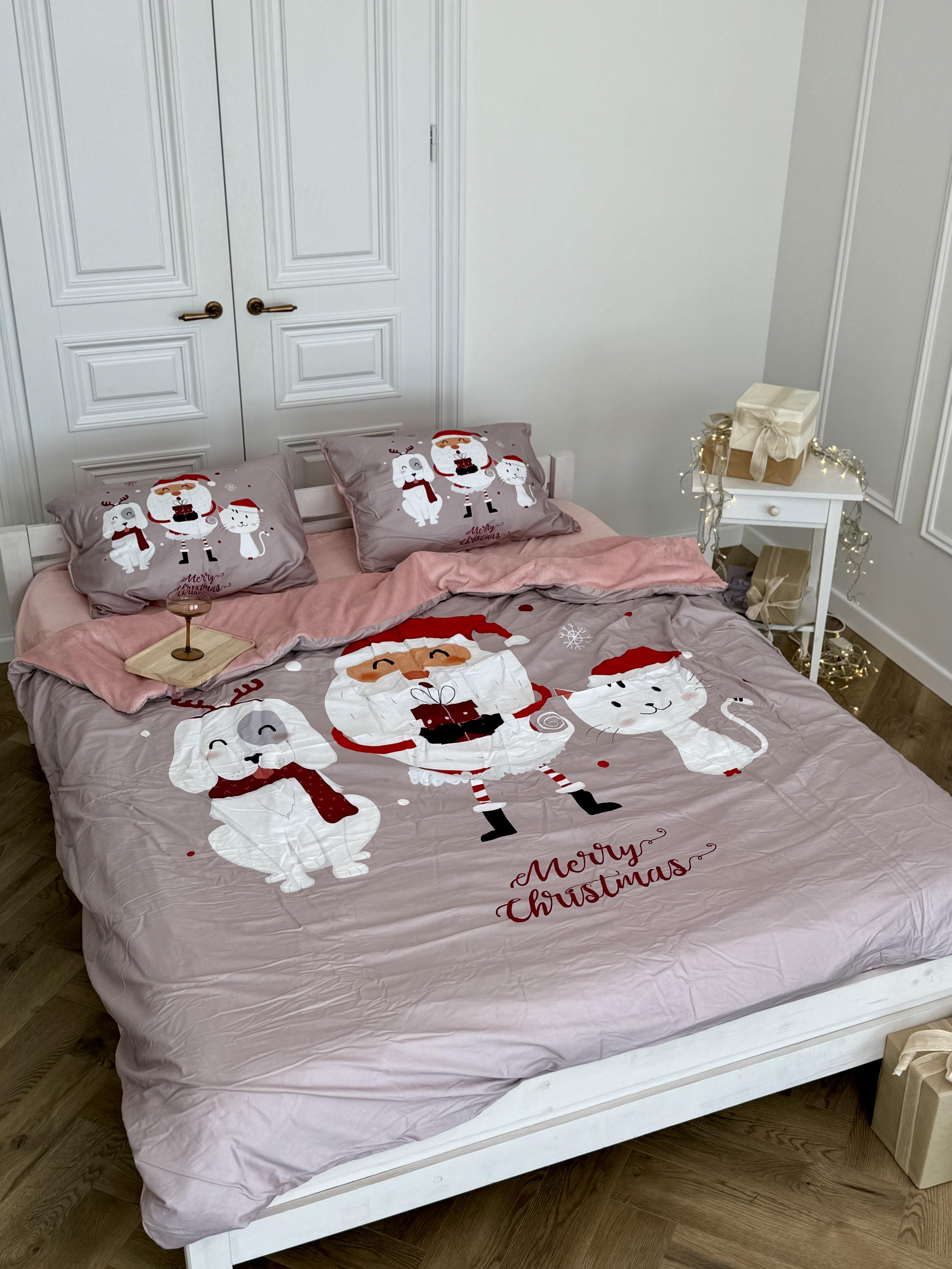 Комплект постельного белья на резинке Праздничный Зверополис плюш/сатин полуторный/наволочки 50х70 см (9020)