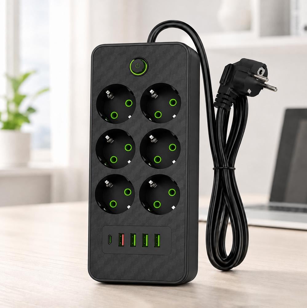 Мережевий фільтр на 6 розеток 3 м 4хUSB та 1 Type-C з вимикачем Чорний Мережевий фільтр на 6 розеток 3 м 4хUSB та 1 Type-C з вимикачем Чорний