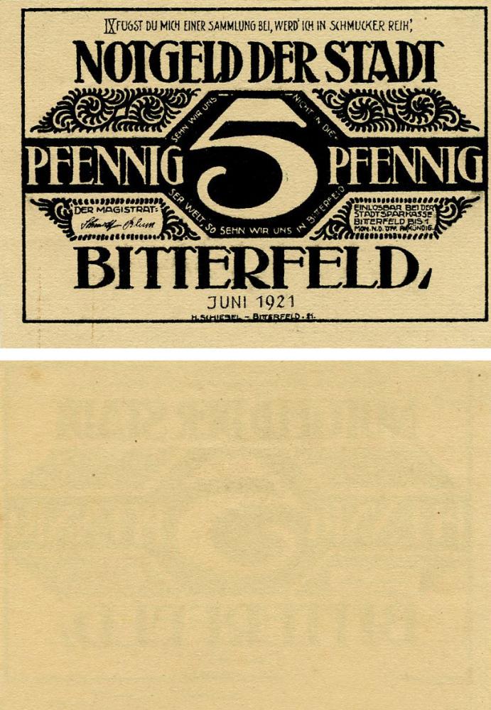 Коллекционная банкнота Германия Нотгельд 5 пфеннигов 1921 F-VF Биттерфельд (Б16192)