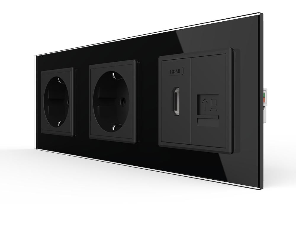 Розетка настенная LIVOLO с HDMI/интернет RJ-45 стеклянная рамка Черный (VL-C7FCTC16A/FCHD/FCCP-6BP)