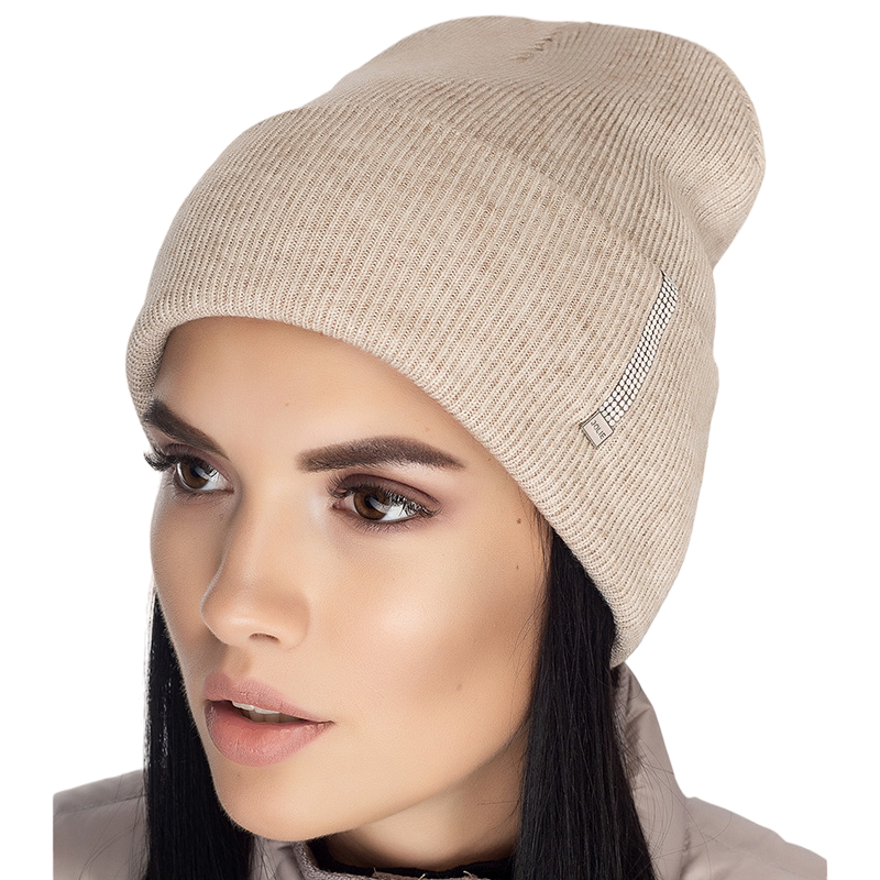 Шапка женская Leks СТРАЗА шерстяная двойная демисезонная с отворотом One size Бежевый меланж (122248)