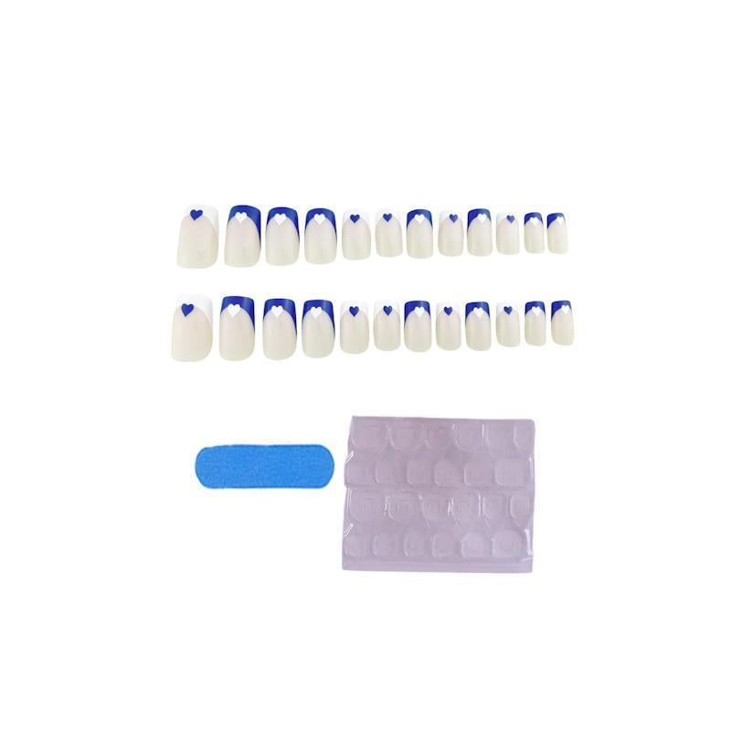 Накладные ногти френч с сердечками квадрат с клеевыми пластинами 24 шт. Синий с белым