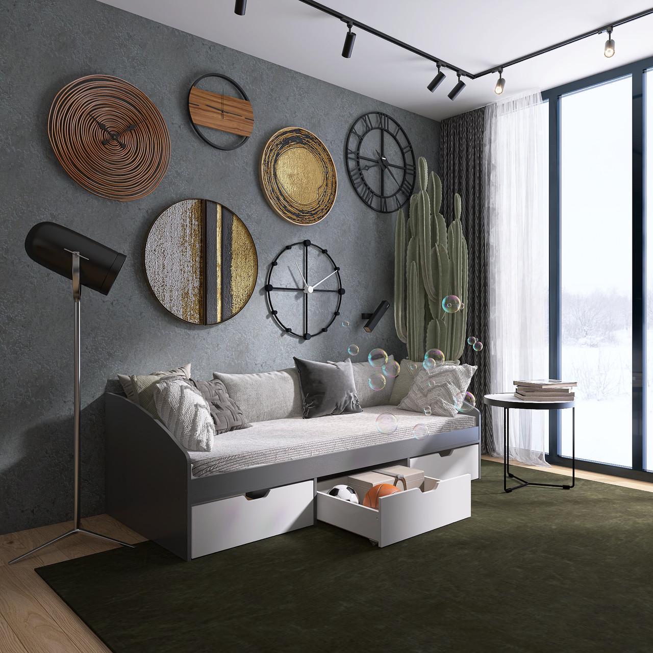 Кровать односпальная Еверест с ящиками Комфорт-3 сплошной щит 80x190 см Графитовый/Белый (EVR-20711)