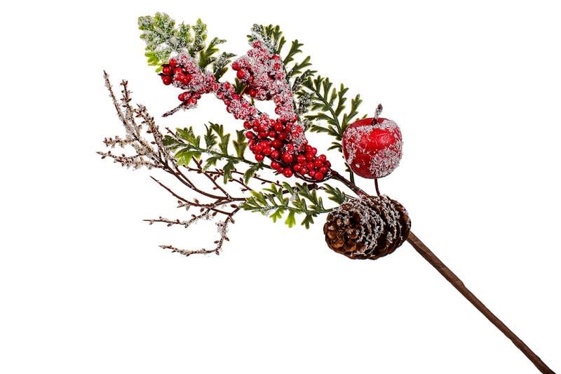 Веточка новогодняя 839755 из хвои и красных ягод с яблоком и шишкой 38 см