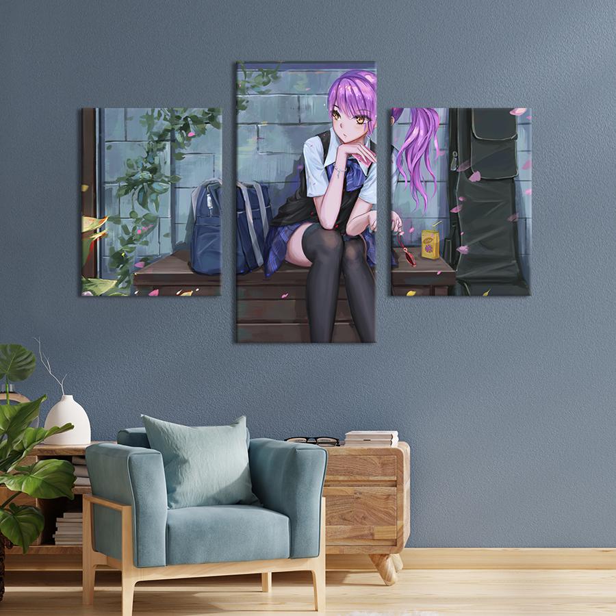 Картина на холсте триптих Аниме-девушка с рюкзаком на скамейке 141x90 см (1466-32)