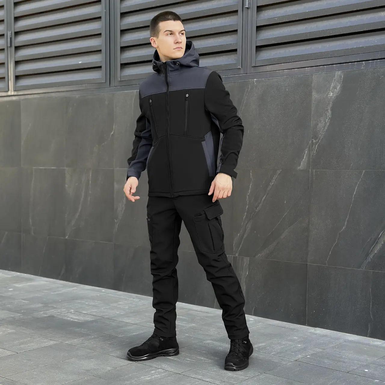 Спортивний костюм чоловічий демісезонний Pobedov Setup soft shell куртка/штани на флісі 3XL Сіро-чорний (26526/5)