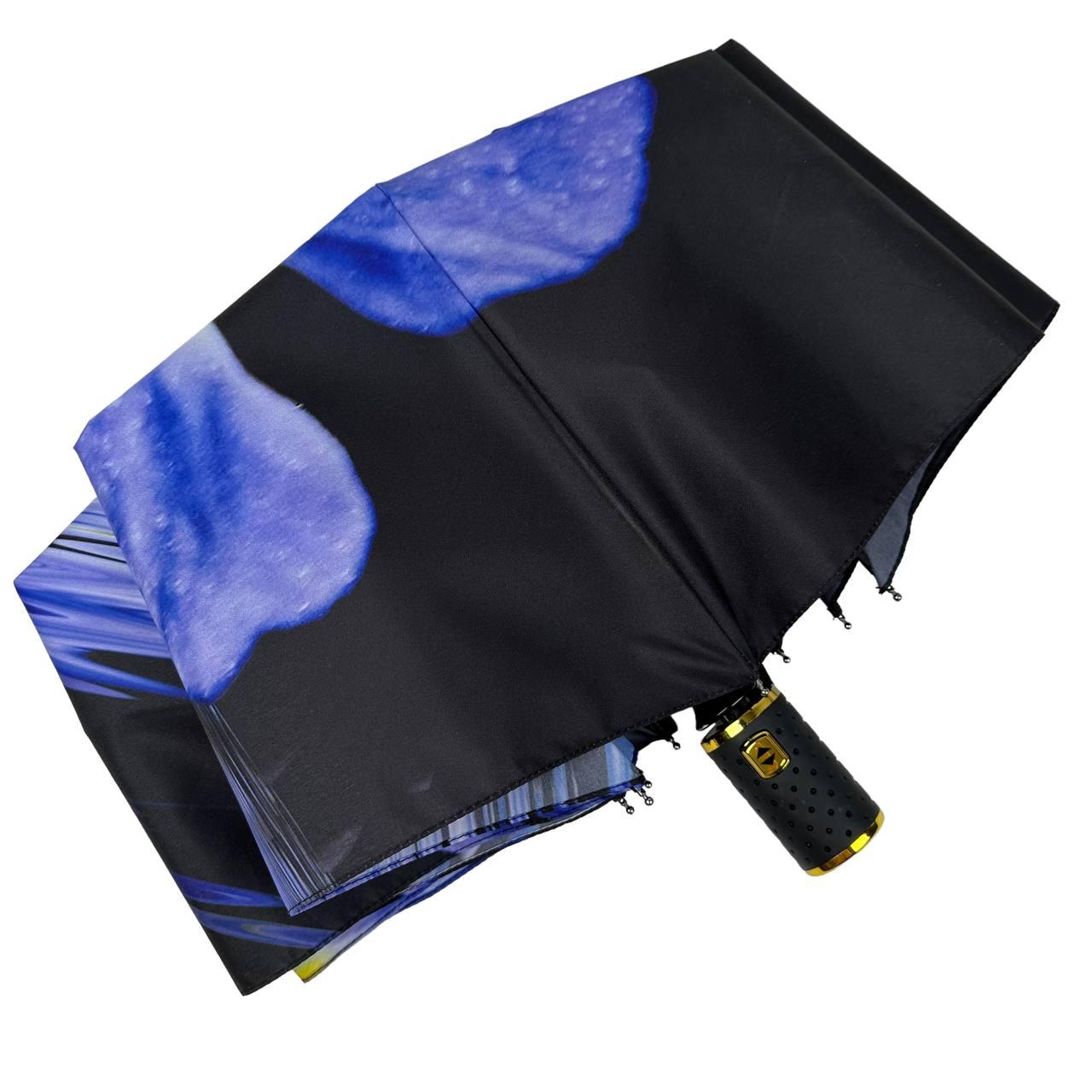 Зонт женский автомат Rain Flower в подарочной упаковке с платком Черный с синими цветами (01020-3) - фото 7