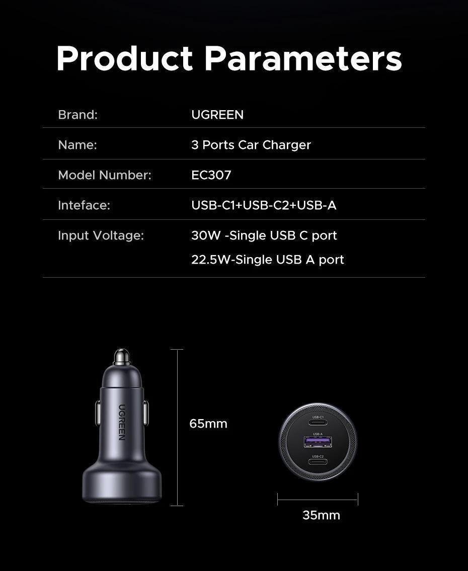 Зарядное устройство для автомобильного Ugreen 30W 3 порта 2xUSB-C Темно-серый (45843) - фото 10