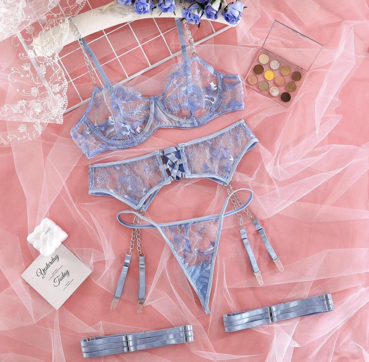 Комплект белья кружевной с цепочками лиф/трусики/пояс/подвязки Голубой S (0031S) - фото 7