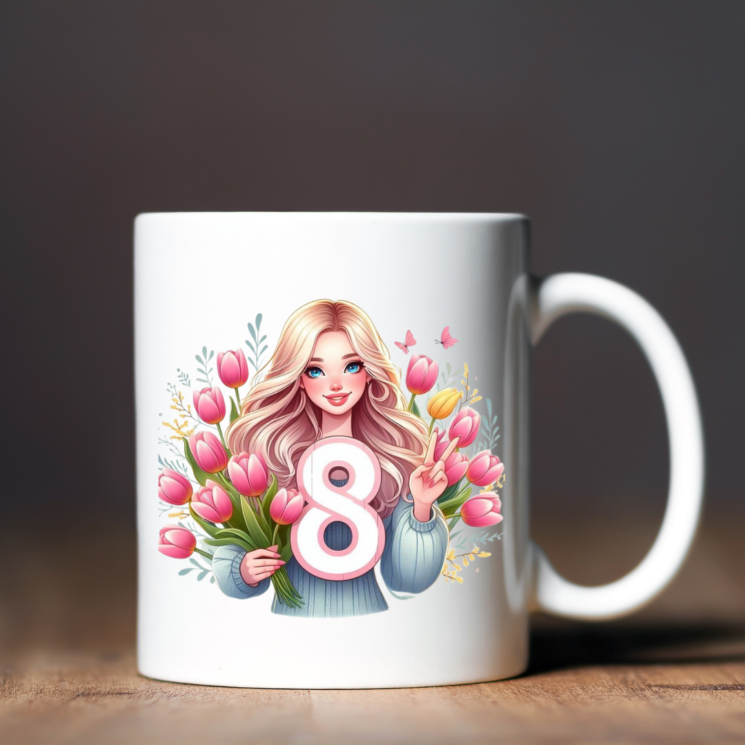 Чашка керамічна глянцева 8 березня з дівчинкою 330 мл Білий (001503)