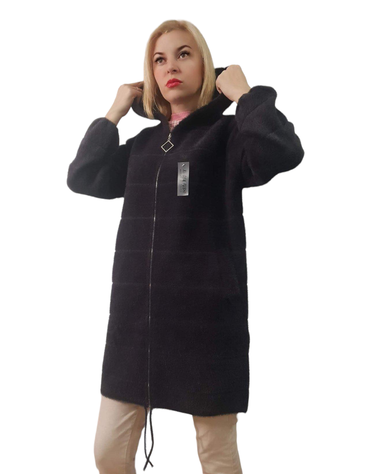 Пальто с капюшоном на молнии из шерсти альпака р. 50-52 Фиолетовый (8826)