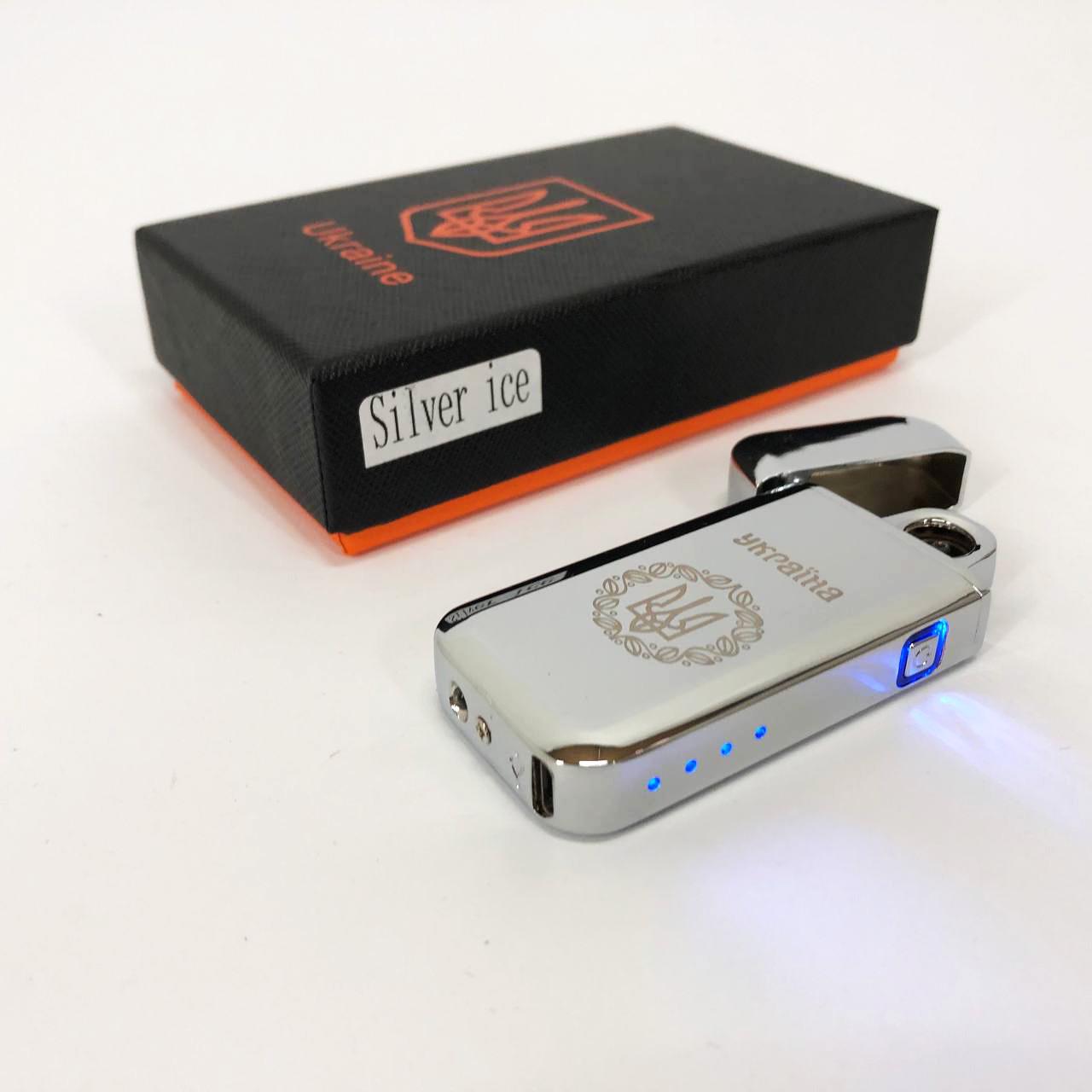 Зажигалка дуговая электроимпульсная зажигалка /USB Герб Украины индикатор заряда/фонарик Серебряный (HL-442) - фото 6