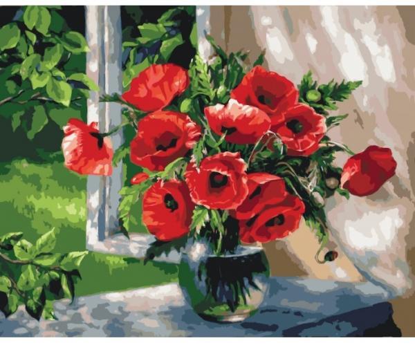 Набор для росписи по номерам Идейка Букеты Маки на подоконнике 40х50 см (КНО2098-mt)