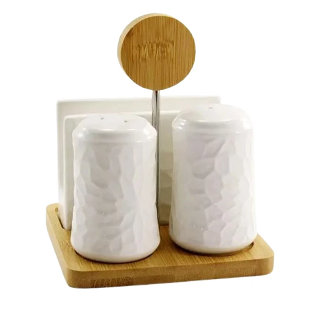 Набор фарфоровый Interos салфетница/солонка/перечница на бамбуковой подставке 3 шт. (PJ03030)