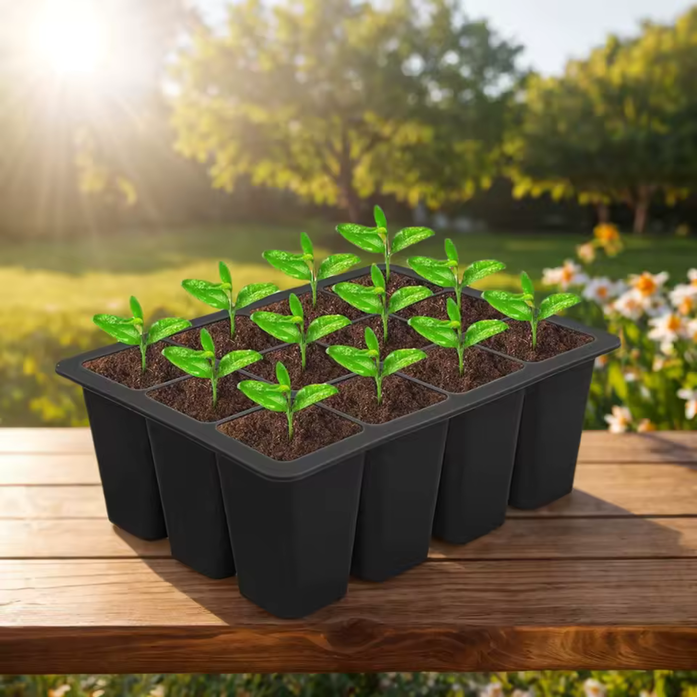 Лоток садовый для рассады кассета на 12 ячеек силиконовый многоразовый для проращивания семян растений цветов Черный