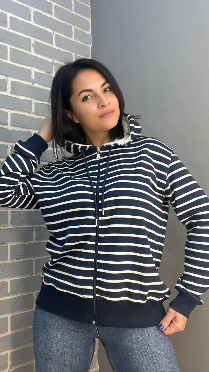 Толстовка жіноча PEPPER MINT 24-01 в смужку на блискавці з капюшоном OS Темно-синій (1375) - фото 3