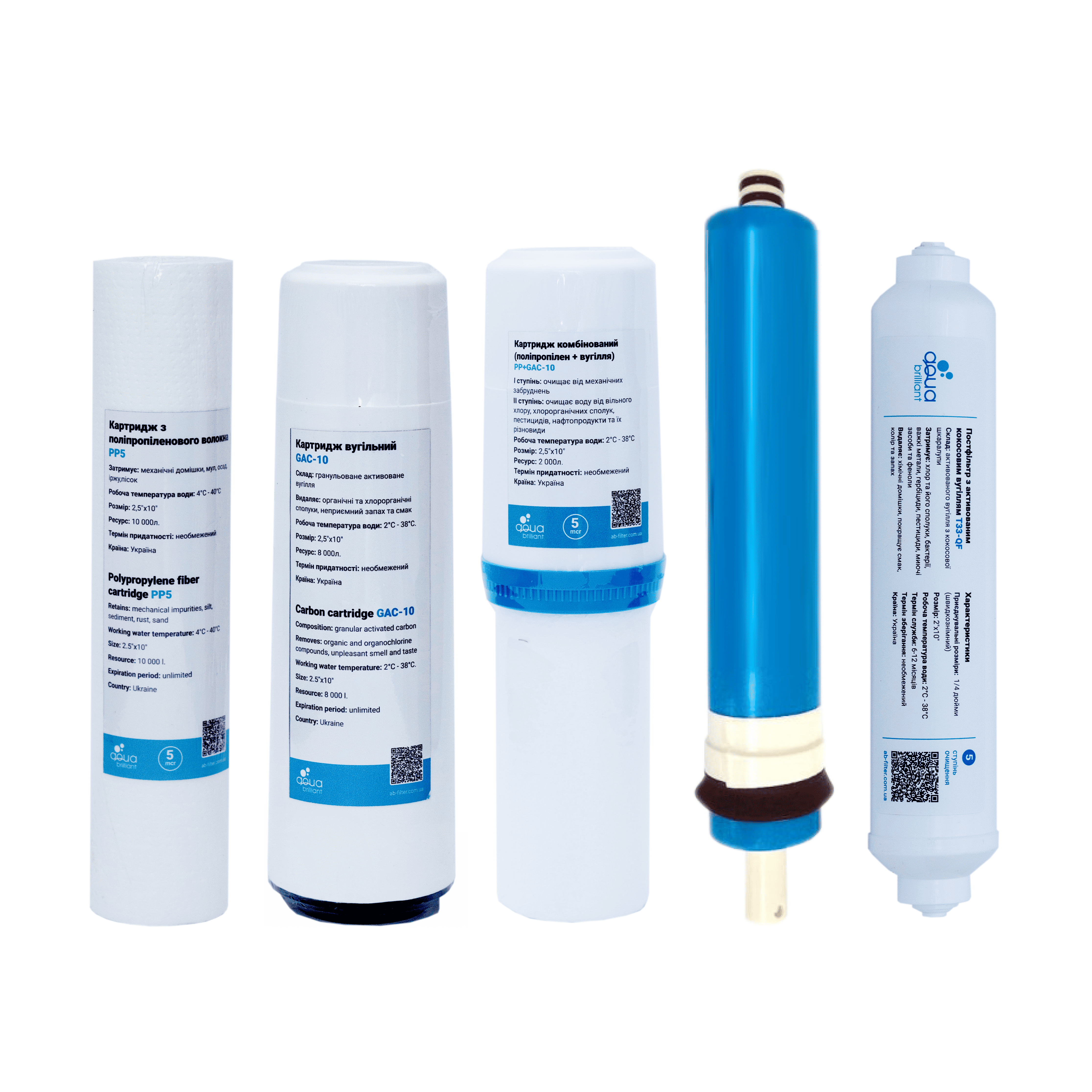 Комплект картриджів 1/2/3/4/5 AQUA BRILLIANT для систем зворотнього осмосу