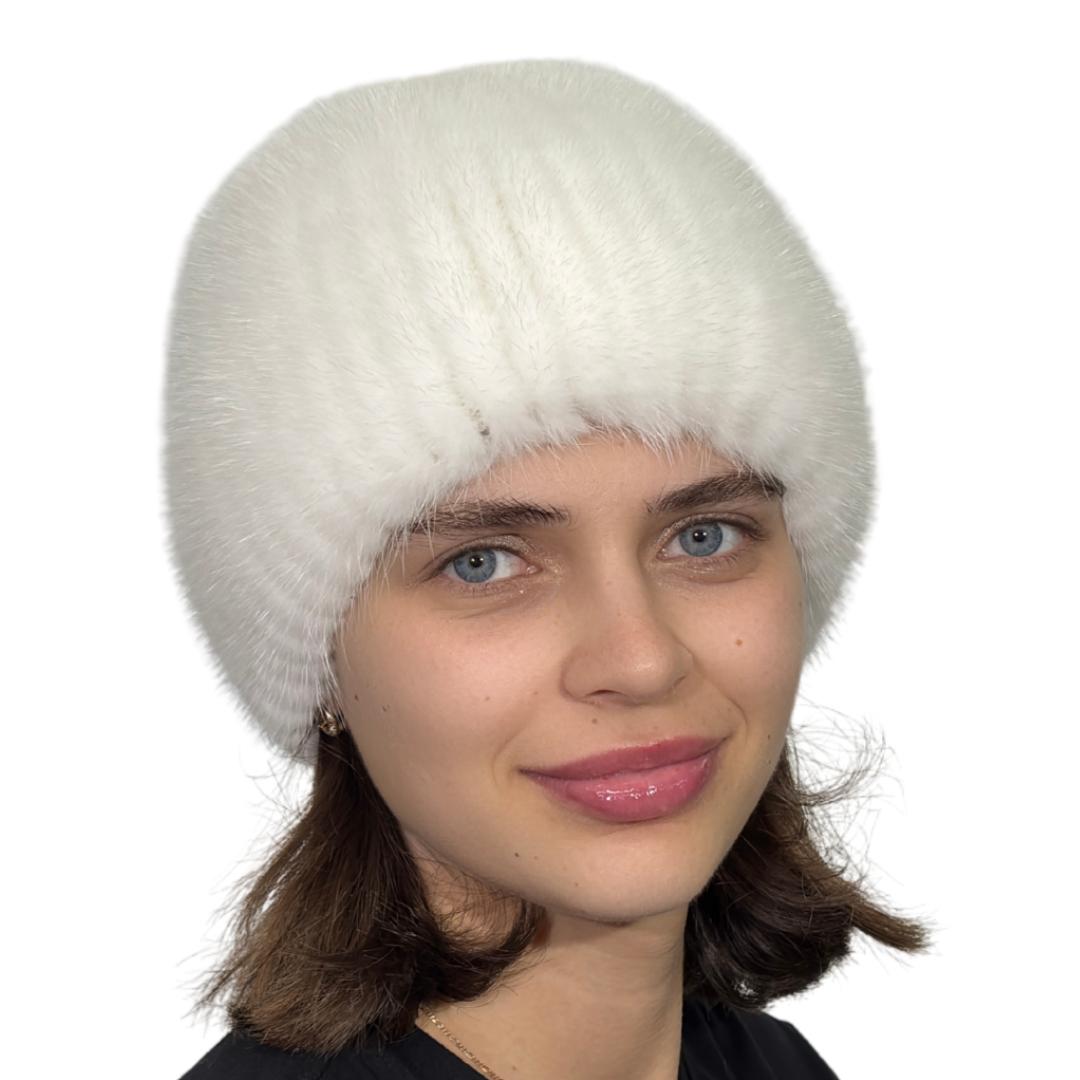 Шапка женская вязаная Меховой стиль Коса из натурального меха норки ML Белый (116/Q)