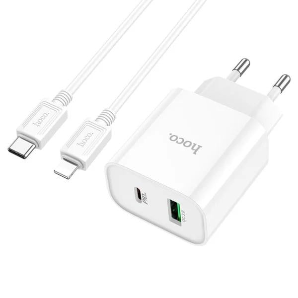 Зарядний пристрій мережевий Hoco C80A Plus Rapido 20W USB-A/USB-C з кабелем Type-C to Lightning 1 м White (6931474779892)