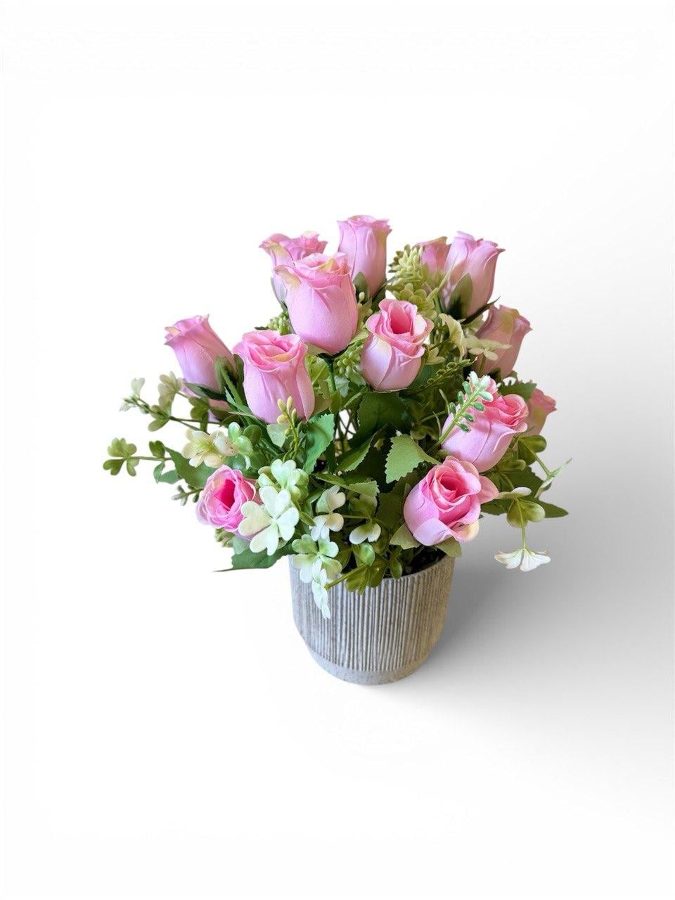 Бутон розы искусственной в пластиковом горшке ПЛАСТМАКС Розовый (R1102)