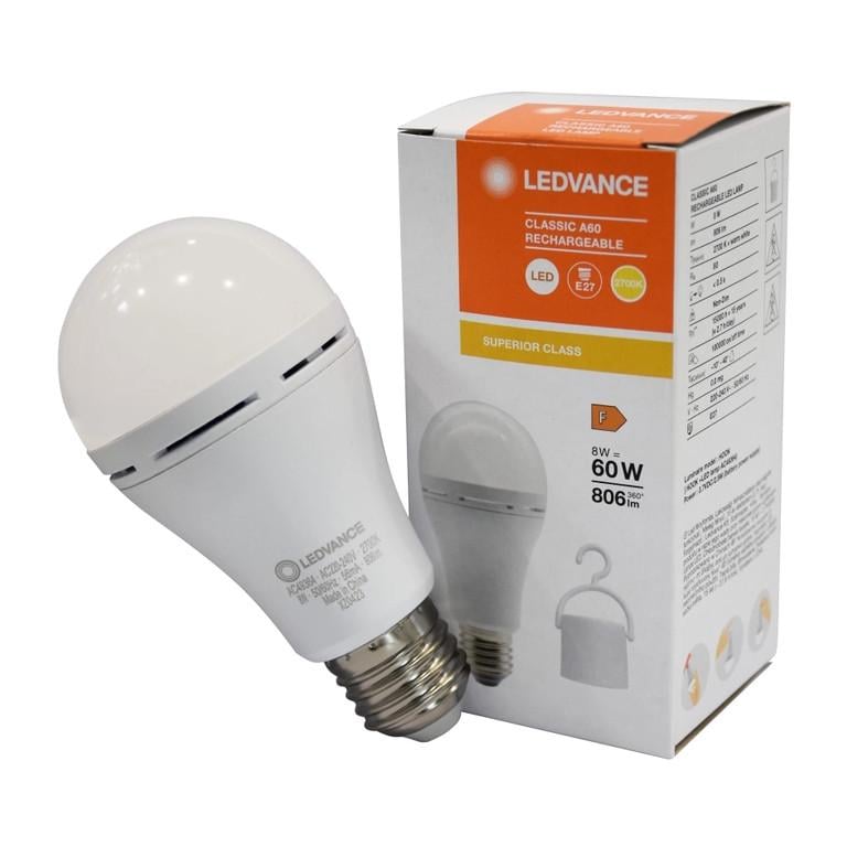 Лампа светодиодная аккумуляторная Ledvance Rechargeable CL A60 8W/827 230V E27 50х1 (4099854102417)