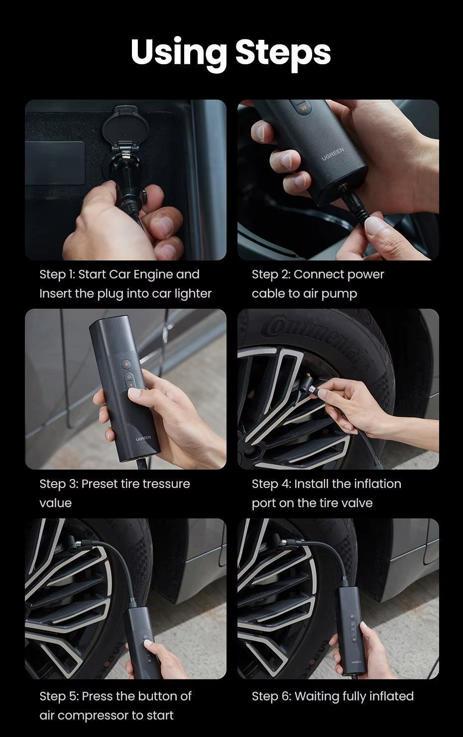 Компресор UGREEN 150psi 35 л/хв LED від прикурювача Чорний (35573) - фото 11 Компресор UGREEN 150psi 35 л/хв LED від прикурювача Чорний (35573) - фото 11