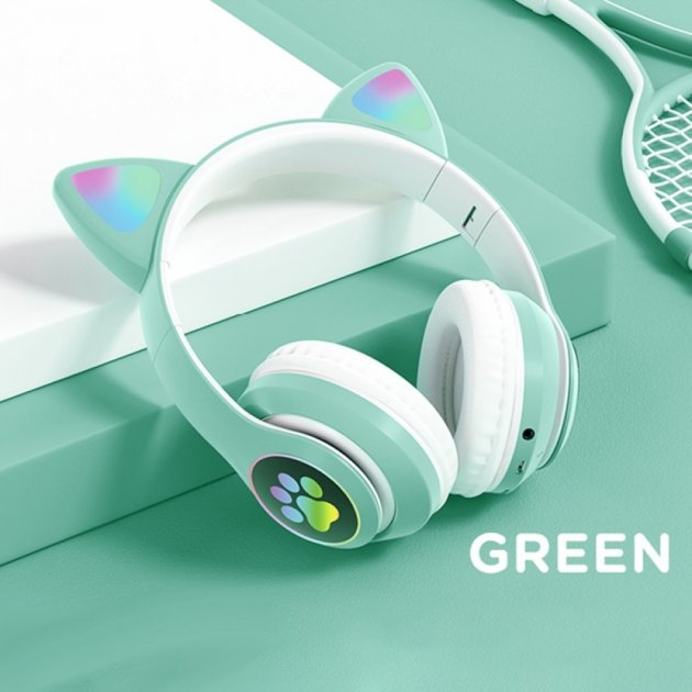 Наушники беспроводные Cute Headset Кошачьи ушки с подсветкой RGB и MP3 Bluetooth/MicroSD/FM Зеленый - фото 3