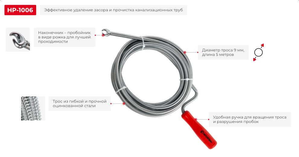 Трос для чистки труб Intertool HP-1006 пробивной наконечник 9 мм 5 м (12086689) - фото 3