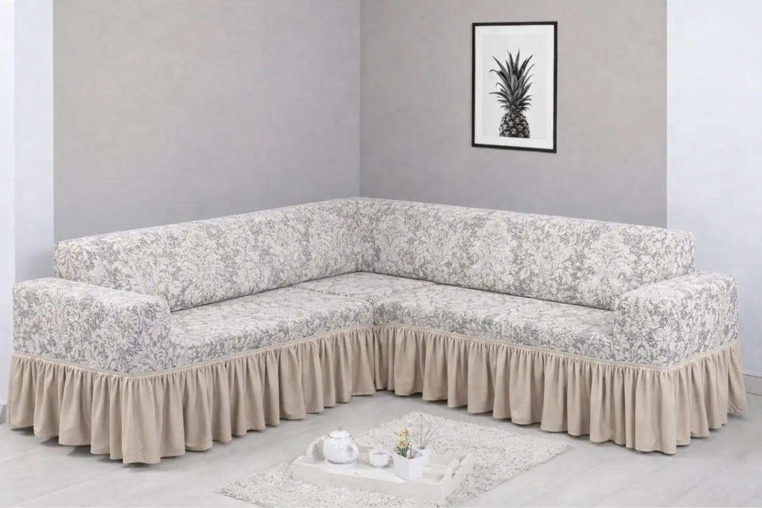 Чехол на диван жаккардовый/угловой натяжной с фиксаторами 270-450 см Серый Чехол на диван жаккардовый/угловой натяжной с фиксаторами 270-450 см Серый