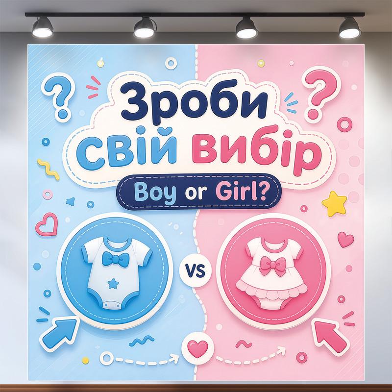 Плакат для Gender Reveal Party Сделай свой выбор Boy or Girl с бодиками 120x120см, №48515 Плакат для Gender Reveal Party Сделай свой выбор Boy or Girl с бодиками 120x120см, №48515