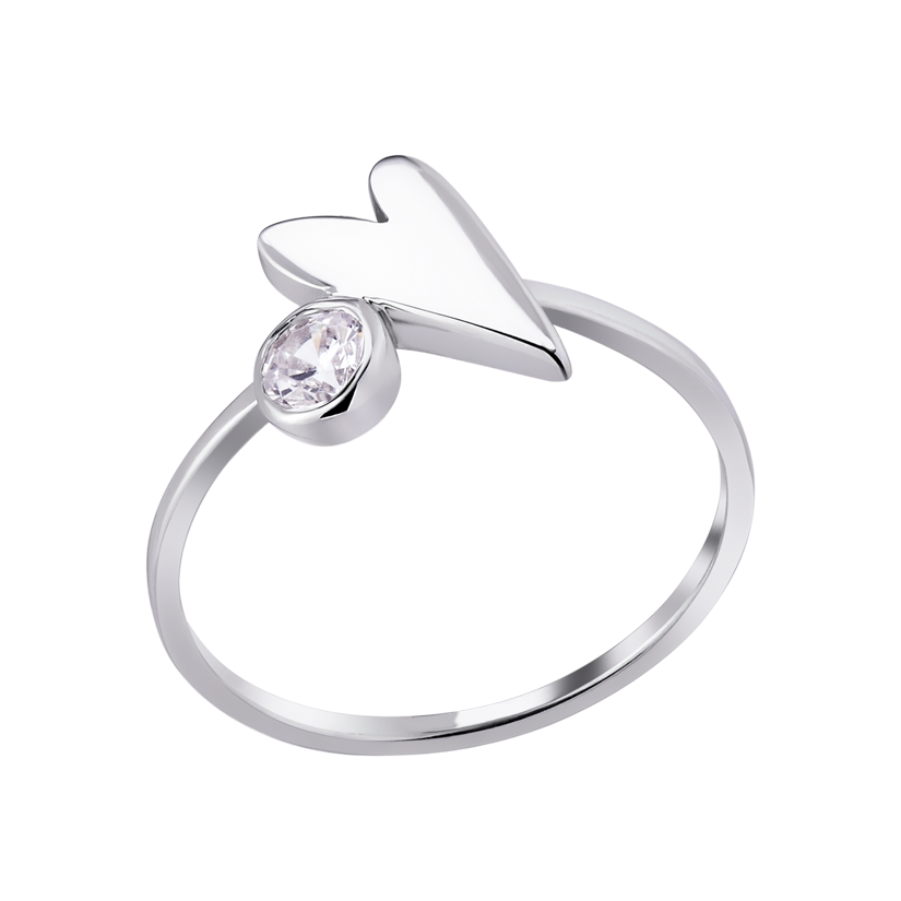 Кольцо серебряное незамкнутое удлиненное Сердце и один белый фианит р. 18