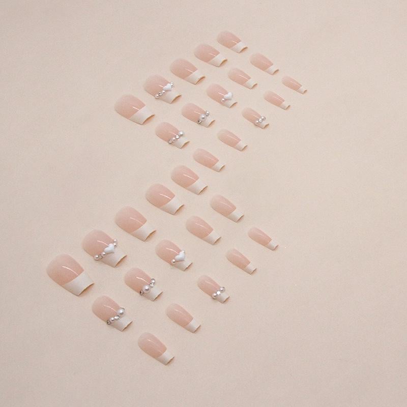 Накладные ногти с жемчужным дизайном и френчем с клеем Bananahall 24 шт.LK15177 Бежевый (A9757) - фото 3