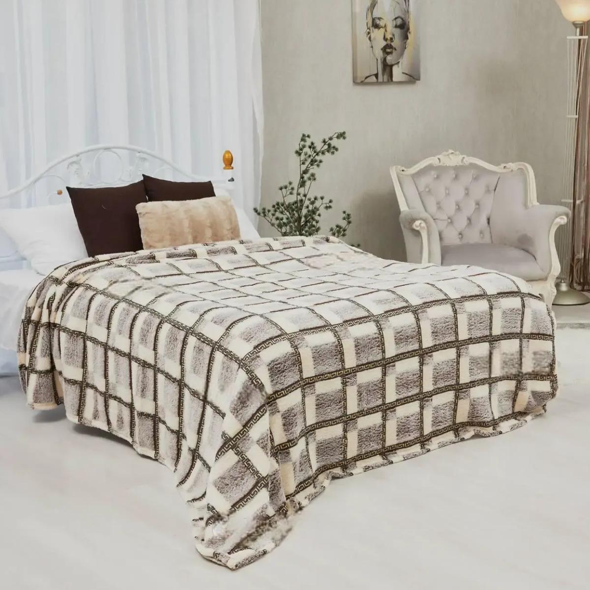 Плед полуторный Koloco Стрижка 150x210 см Коричневый/Белый квадраты (00000038821)