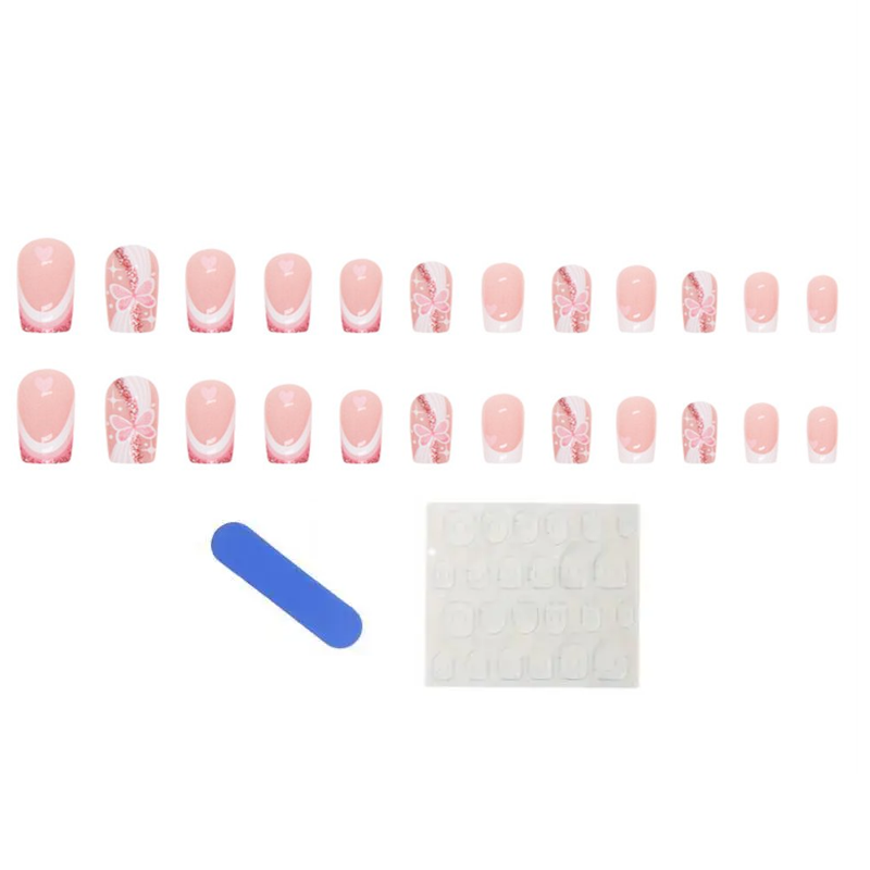 Ногти накладные френч Бабочка с сердечками квадрат средней длины с клеевыми стиками 24 шт. Белый с розовым (3000003697)