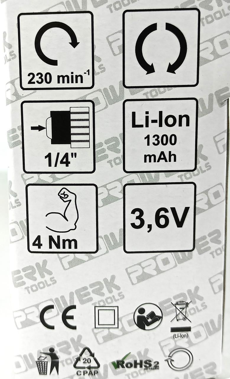 Викрутка з барабаном для біт PROWERK tools KS336-1036LI 3,6 В 1300 mAh 4 Нм - фото 6 Викрутка з барабаном для біт PROWERK tools KS336-1036LI 3,6 В 1300 mAh 4 Нм - фото 6