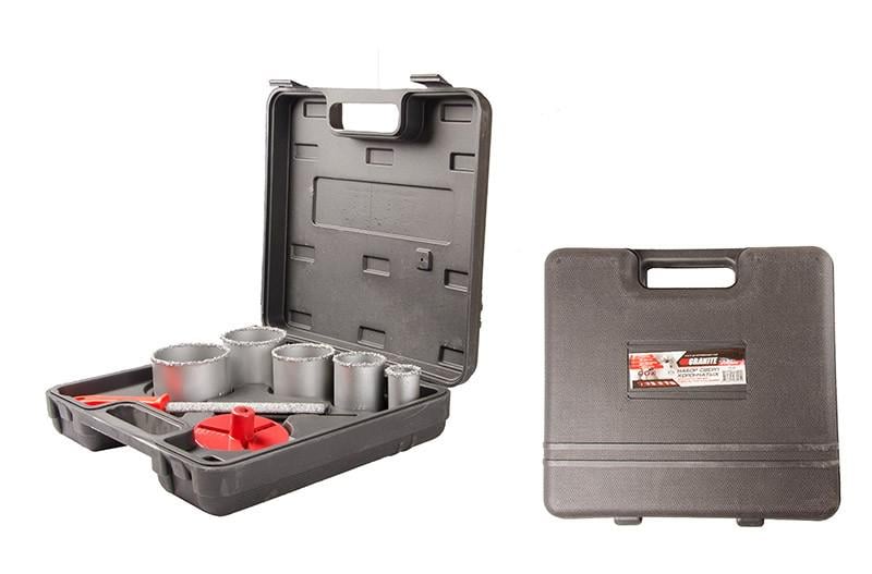 Набор корончатых сверл для плитки Granite вольфрамовое напыление + напильник в чемодане 33-83 мм 5 шт. (02-08-2005)